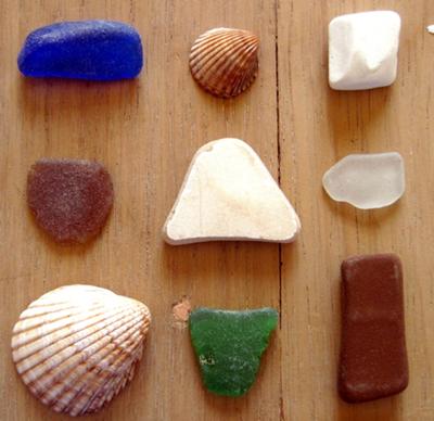 Catch of the day, sea glass, ceramic, and shells